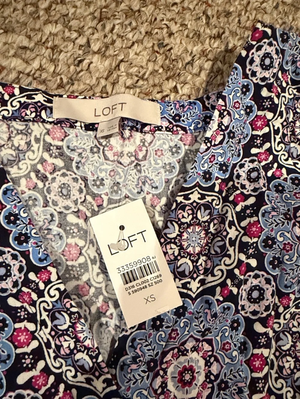 LOFT Blue Floral Medallion Mini Dress with Pink Highlights - Picture 2 of 9